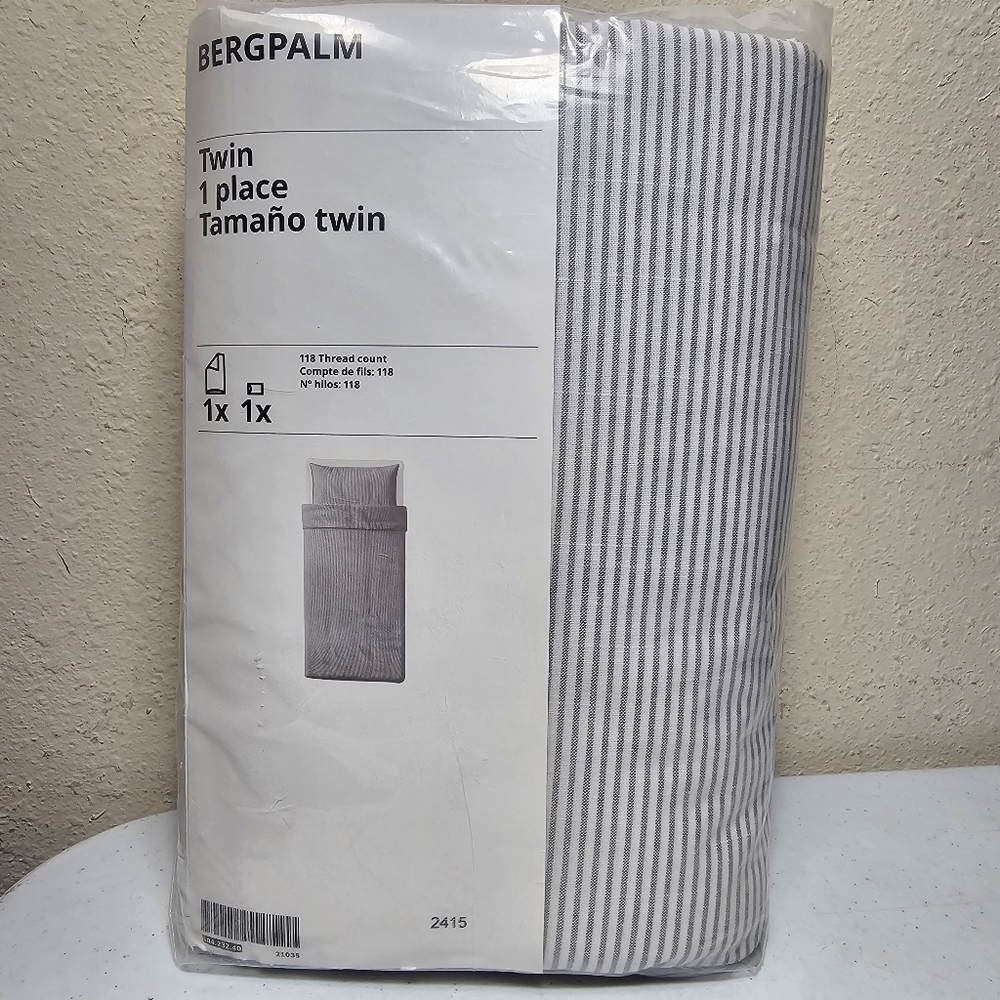 NEW IKEA BERGPALM Gray Pinstripe Twin Duvet Cover & Pillowcase